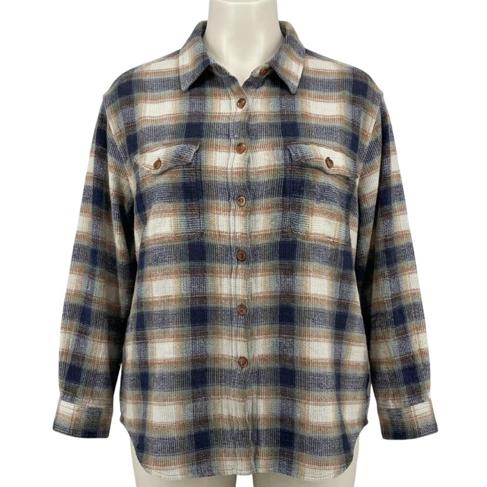 VTG Diana Marco Flannel Button Up Shirt Plus 22 Blue Green Yellow Plaid Cotton
